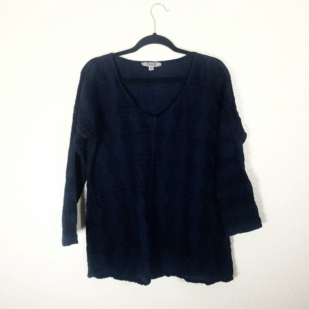 Flax Linen Navy Black Printed Top Shirt Lagenlook